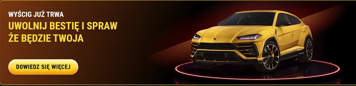 A Polish racing-style promo banner showing a yellow luxury sports SUV on a glowing platform, inviting users to join an active prize race with a “Learn more” call-to-action.
