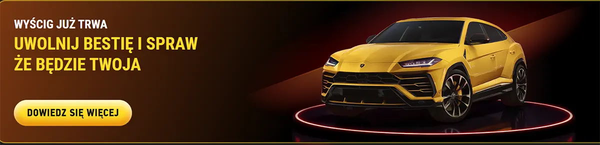 A Polish racing-style promo banner showing a yellow luxury sports SUV on a glowing platform, inviting users to join an active prize race with a “Learn more” call-to-action.