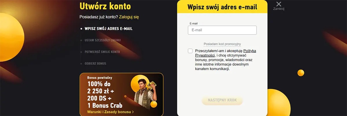 A Polish sign-up screen where users enter their email to create an account and claim a welcome bonus of 100% up to 2,250 zł + 200 spins + Bonus Crab.