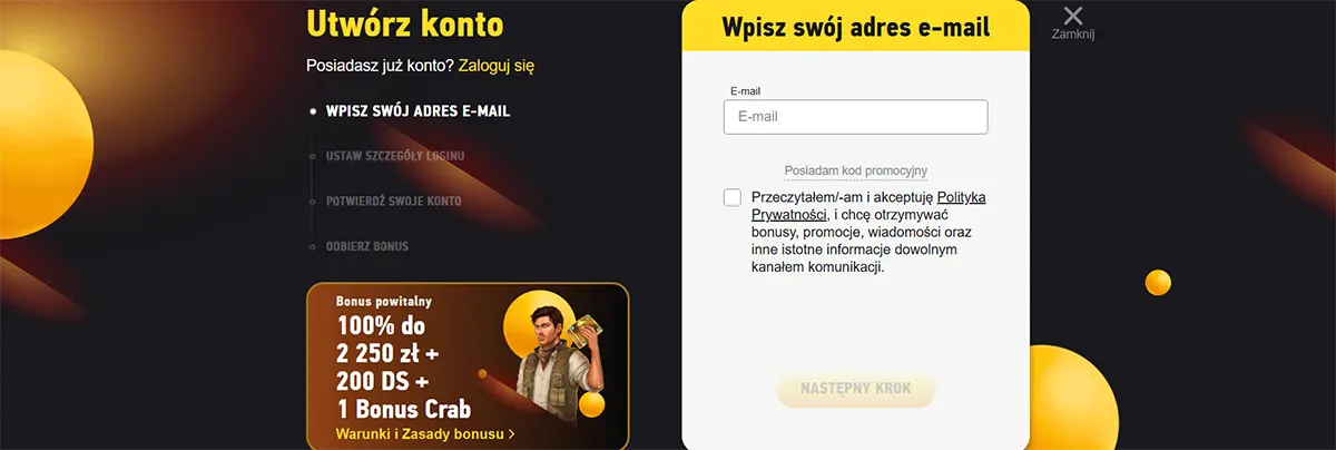 A Polish sign-up screen where users enter their email to create an account and claim a welcome bonus of 100% up to 2,250 zł + 200 spins + Bonus Crab.
